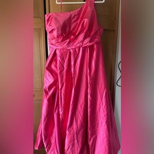 Stacees one shoulder A line floor length satin with pleated pockets.Formal gown.